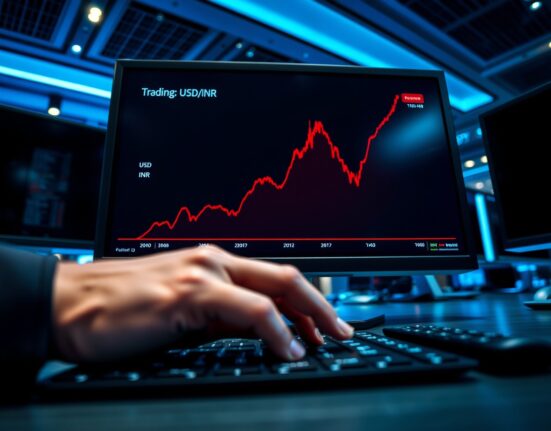 Chart showing the USD/INR exchange rate hitting a record high amid rupee depreciation.