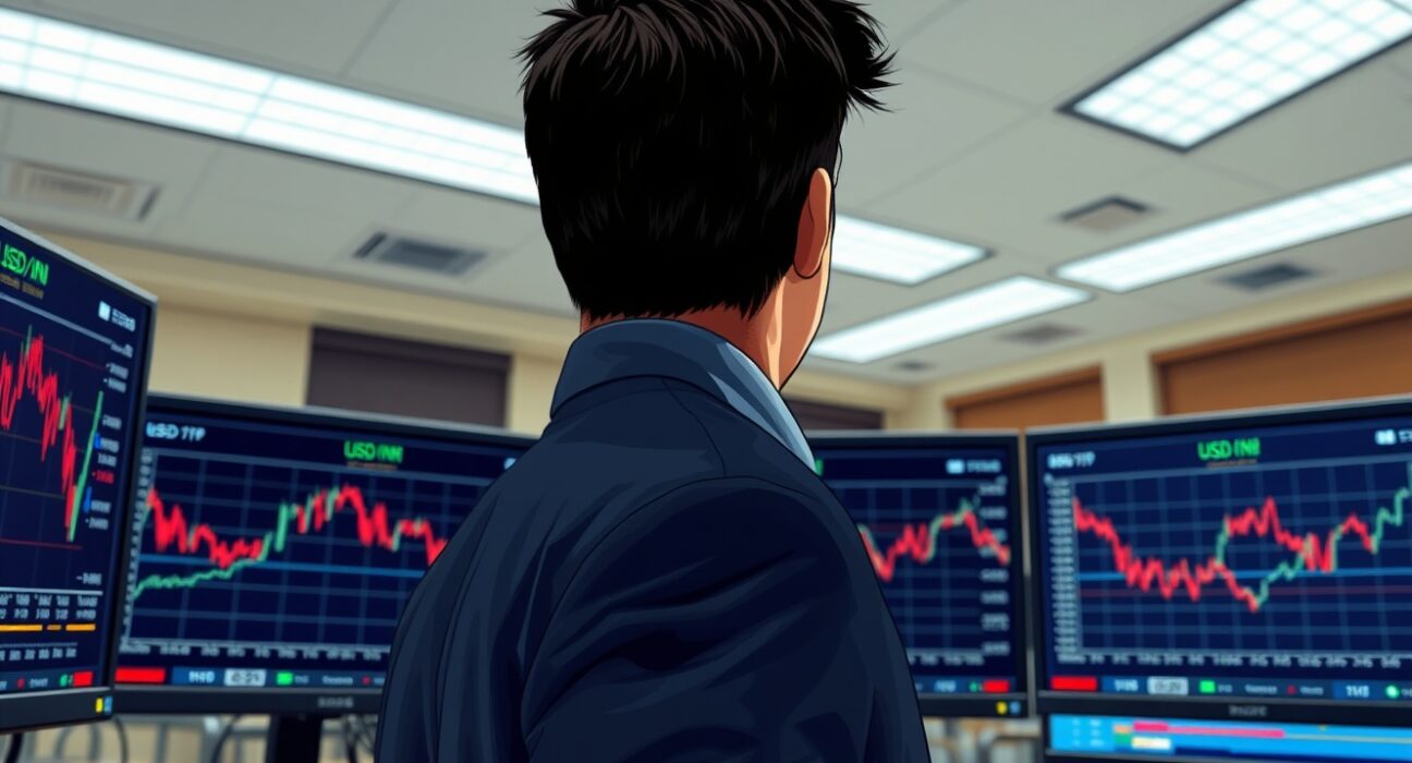 Trader monitors USD/INR exchange rate hitting record highs during Middle East conflict impact on Indian Rupee