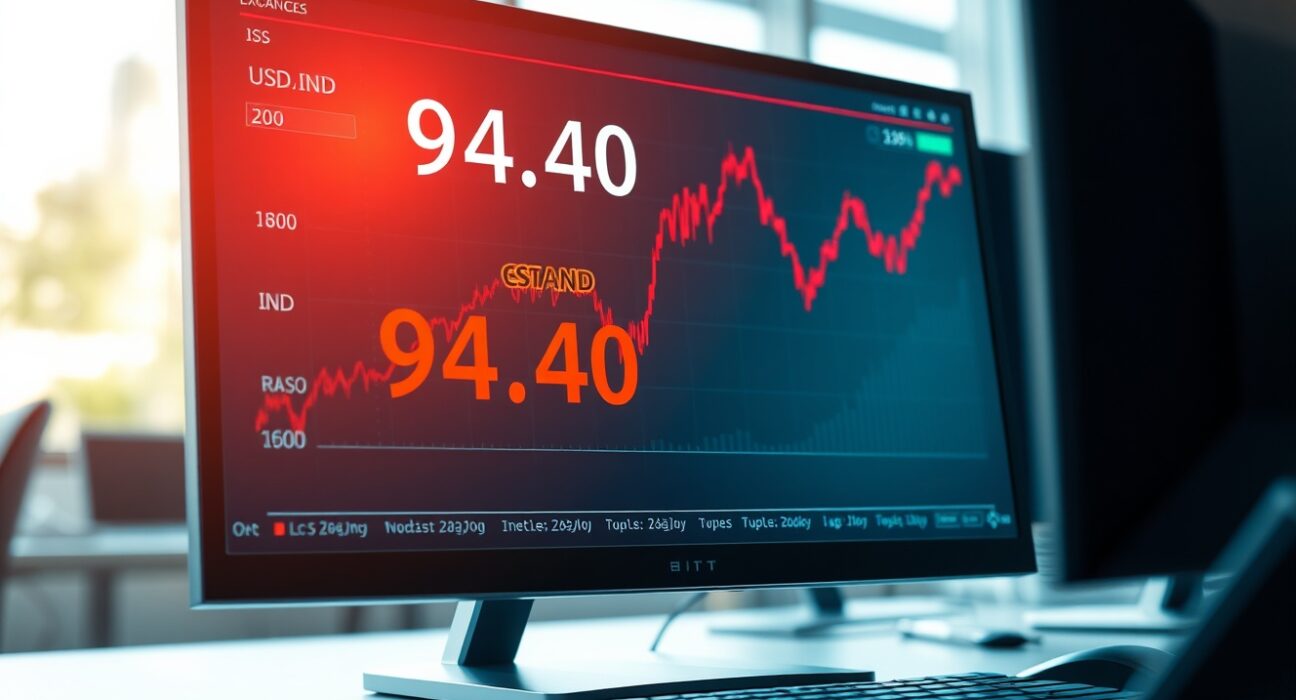 USD/INR exchange rate chart spiking to 94.40 on a trading terminal after Trump's announcement.