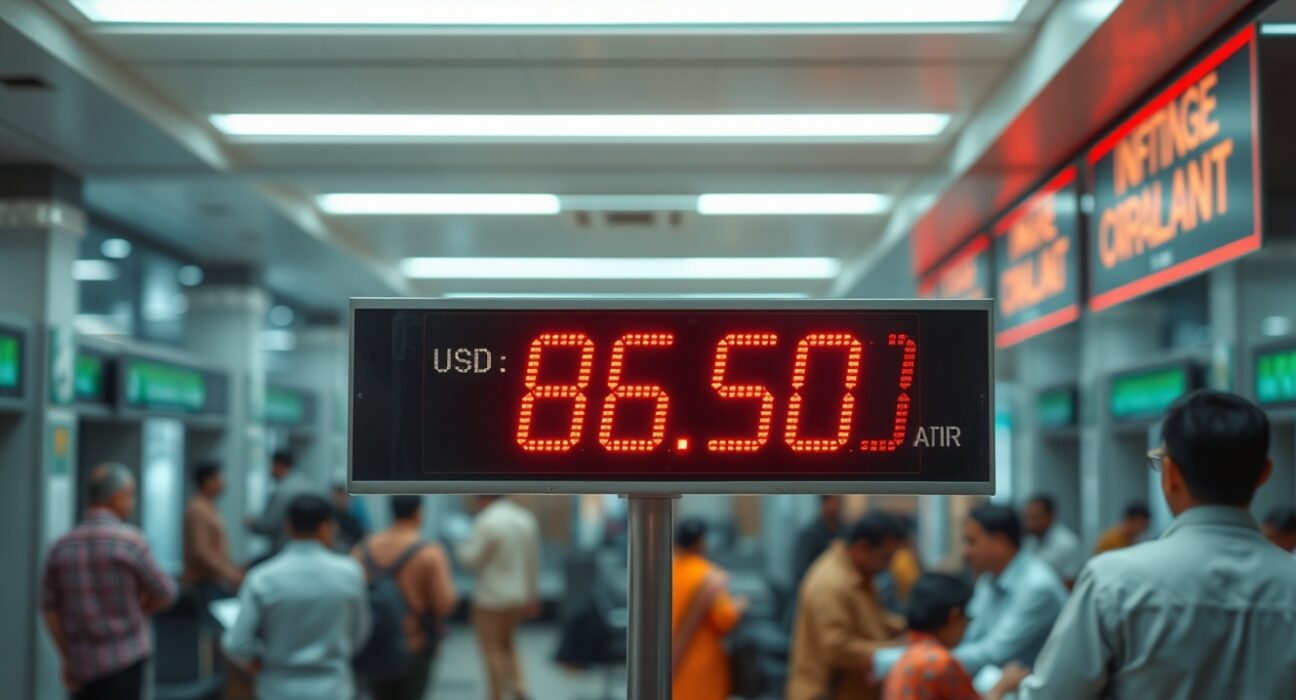 USD/INR exchange rate board showing near-record high levels in a Mumbai bank, reflecting Indian Rupee weakness and dollar strength.
