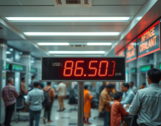 USD/INR exchange rate board showing near-record high levels in a Mumbai bank, reflecting Indian Rupee weakness and dollar strength.