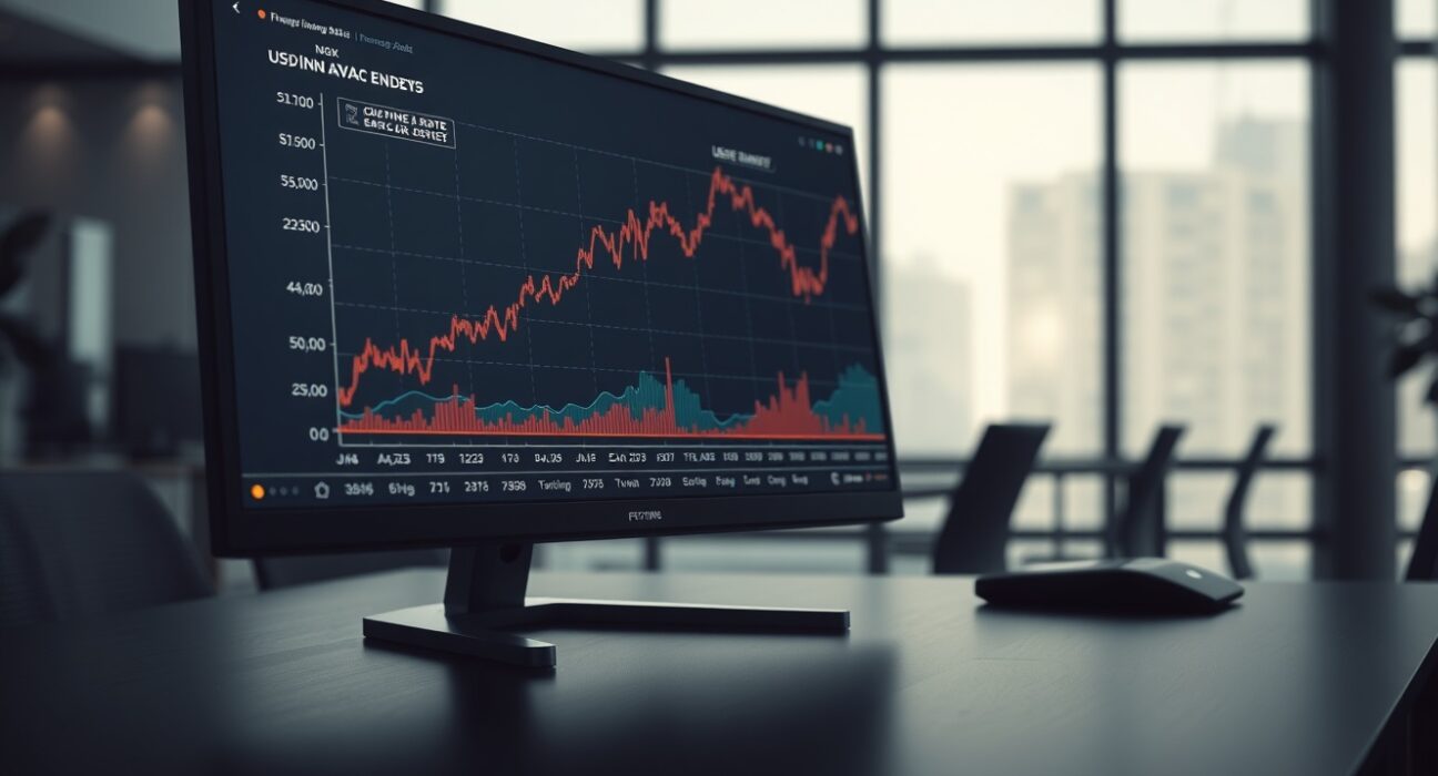 USD/INR exchange rate chart showing a sharp rise toward record highs on a financial trading monitor.