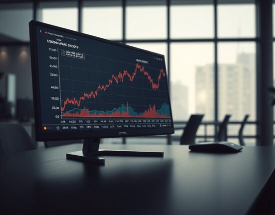 USD/INR exchange rate chart showing a sharp rise toward record highs on a financial trading monitor.