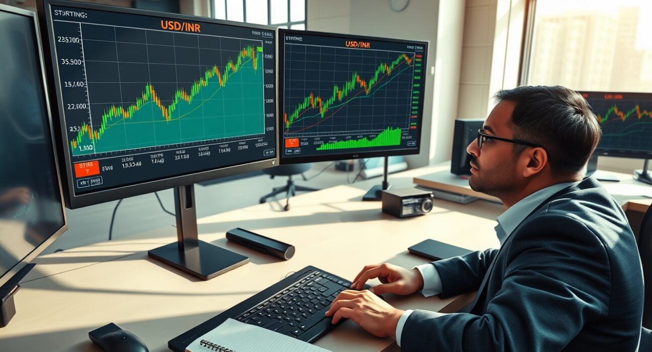 Trader analyzing USD/INR exchange rate recovery on trading desk monitors
