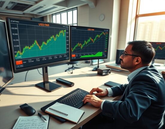 Trader analyzing USD/INR exchange rate recovery on trading desk monitors