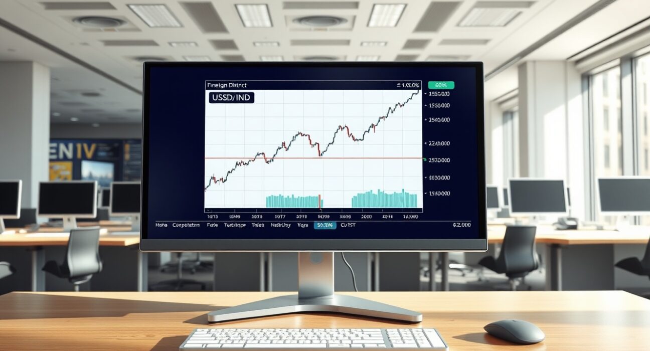 USD/INR exchange rate chart showing recovery trend on trading desk monitor.
