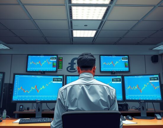 Trader analyzing USD/INR exchange rate chart following Iran's denial of US negotiations.