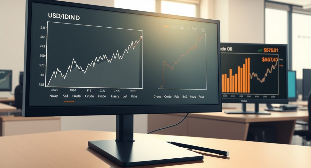 USD/INR exchange rate and oil price charts on trading desk monitors following Iran's geopolitical decision.