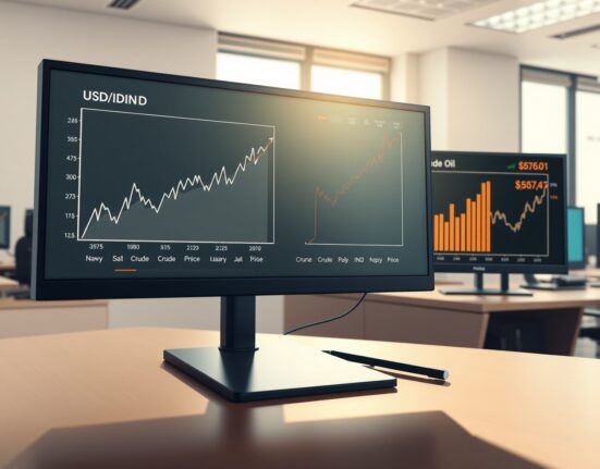 USD/INR exchange rate and oil price charts on trading desk monitors following Iran's geopolitical decision.