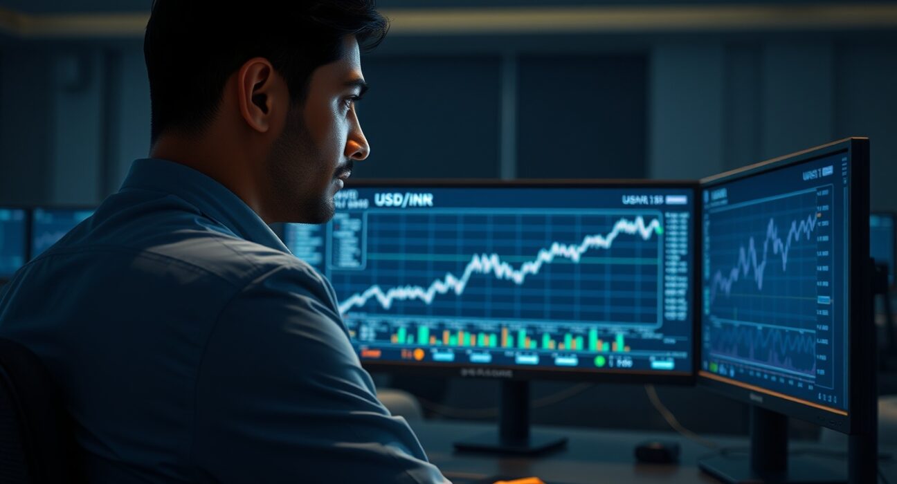 A currency trader monitors the rising USD/INR exchange rate amid Middle East geopolitical tensions impacting forex markets.