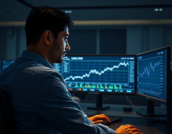 A currency trader monitors the rising USD/INR exchange rate amid Middle East geopolitical tensions impacting forex markets.