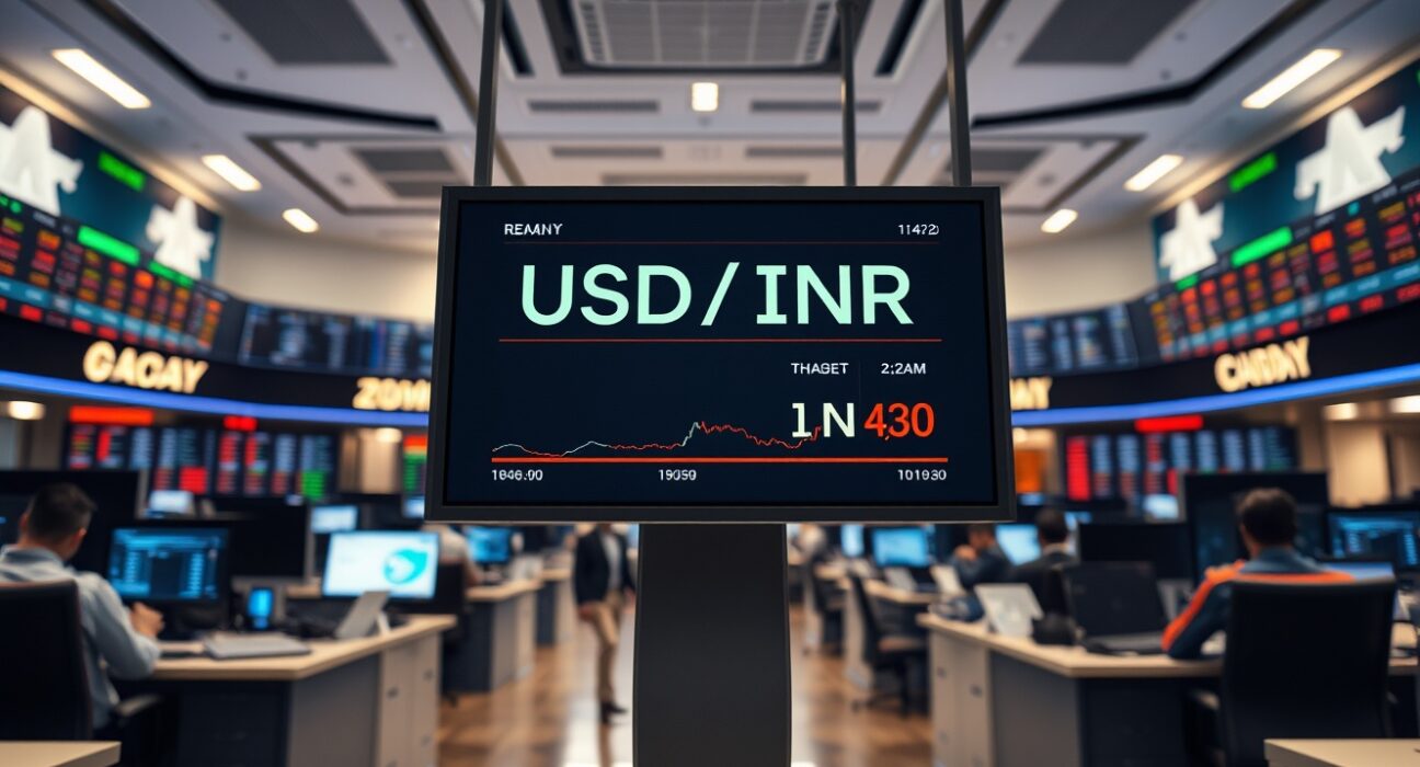 Digital forex trading board displaying USD/INR exchange rate on a financial market floor