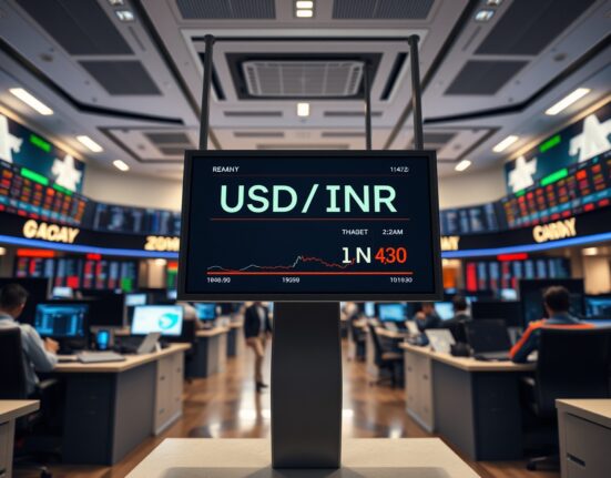 Digital forex trading board displaying USD/INR exchange rate on a financial market floor