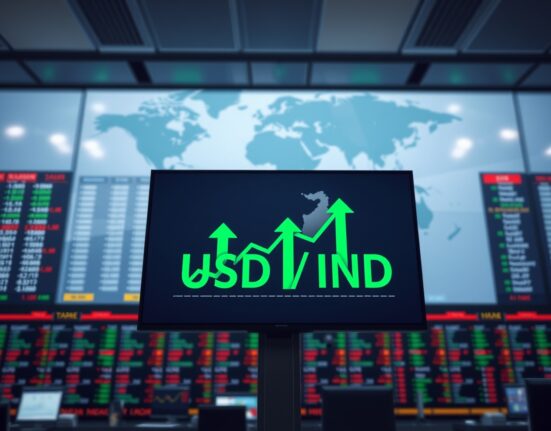 Financial market screen showing USD/INR currency pair chart with green recovery arrows
