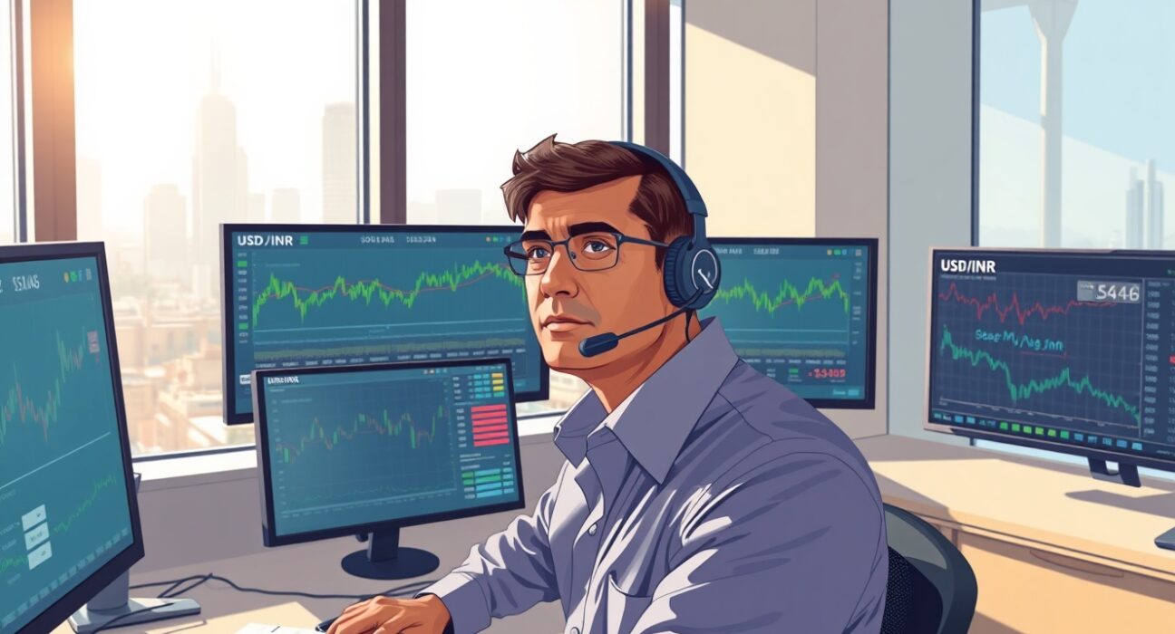 Trader monitors USD/INR exchange rate and Indian stock market data during FII selling pressure