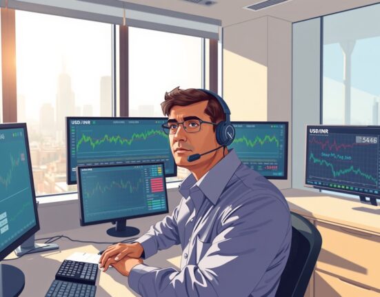 Trader monitors USD/INR exchange rate and Indian stock market data during FII selling pressure