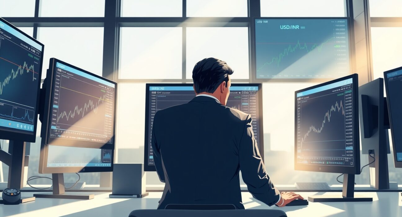 USD/INR exchange rate recovery analysis on trading desk monitors amid Iran ceasefire concerns