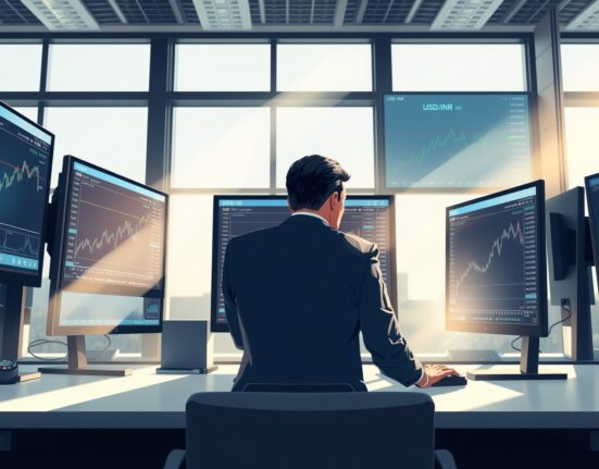 USD/INR exchange rate recovery analysis on trading desk monitors amid Iran ceasefire concerns