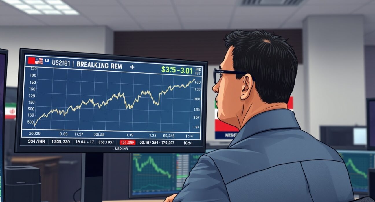 Financial trader monitors USD/INR recovery amid US-Iran ceasefire uncertainty on trading desk screens