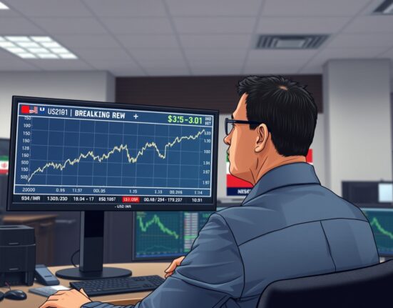 Financial trader monitors USD/INR recovery amid US-Iran ceasefire uncertainty on trading desk screens