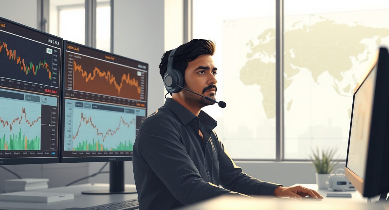 Trader monitoring USD/INR exchange rate amid Middle East conflict risks affecting currency markets