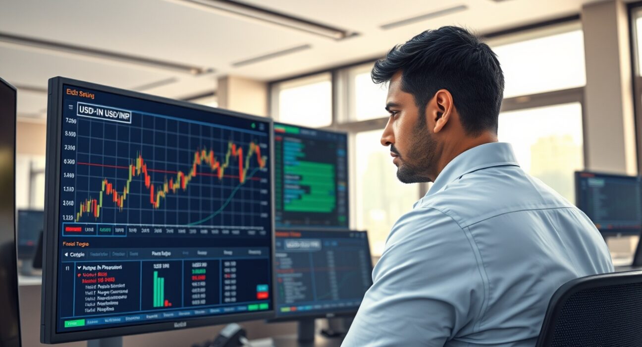 Trader analyzing USD/INR exchange rate chart amid US-Iran talks uncertainty.