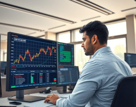 Trader analyzing USD/INR exchange rate chart amid US-Iran talks uncertainty.