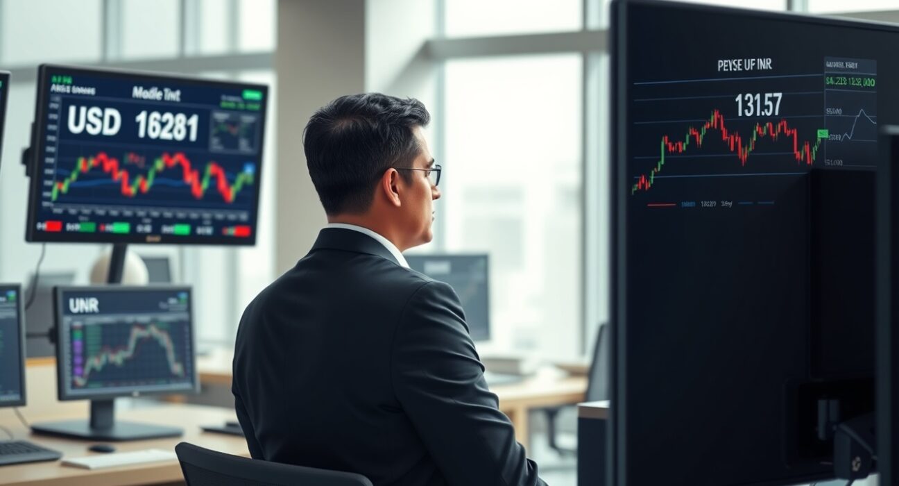 Trader monitors USD/INR exchange rate charts amid Middle East ceasefire developments affecting currency markets.