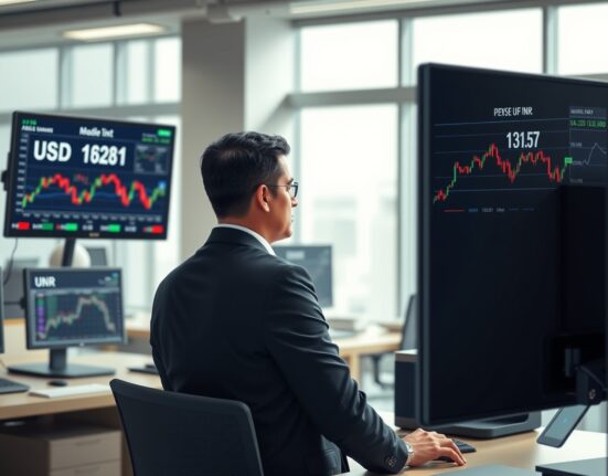 Trader monitors USD/INR exchange rate charts amid Middle East ceasefire developments affecting currency markets.