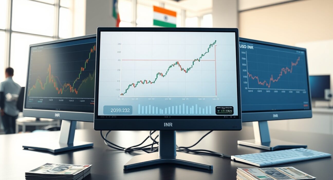 USD/INR exchange rate and oil price charts showing correlation on trading desk monitors