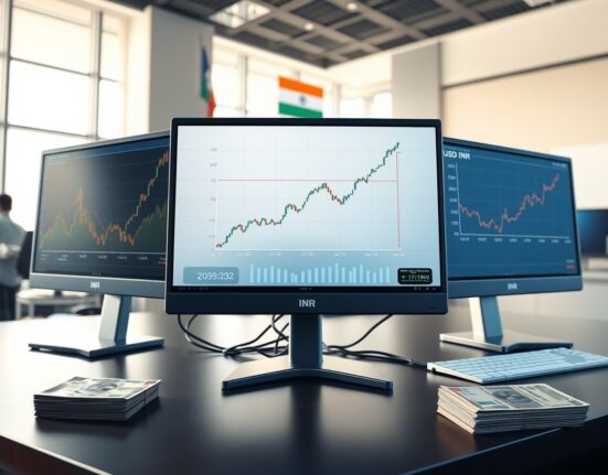 USD/INR exchange rate and oil price charts showing correlation on trading desk monitors