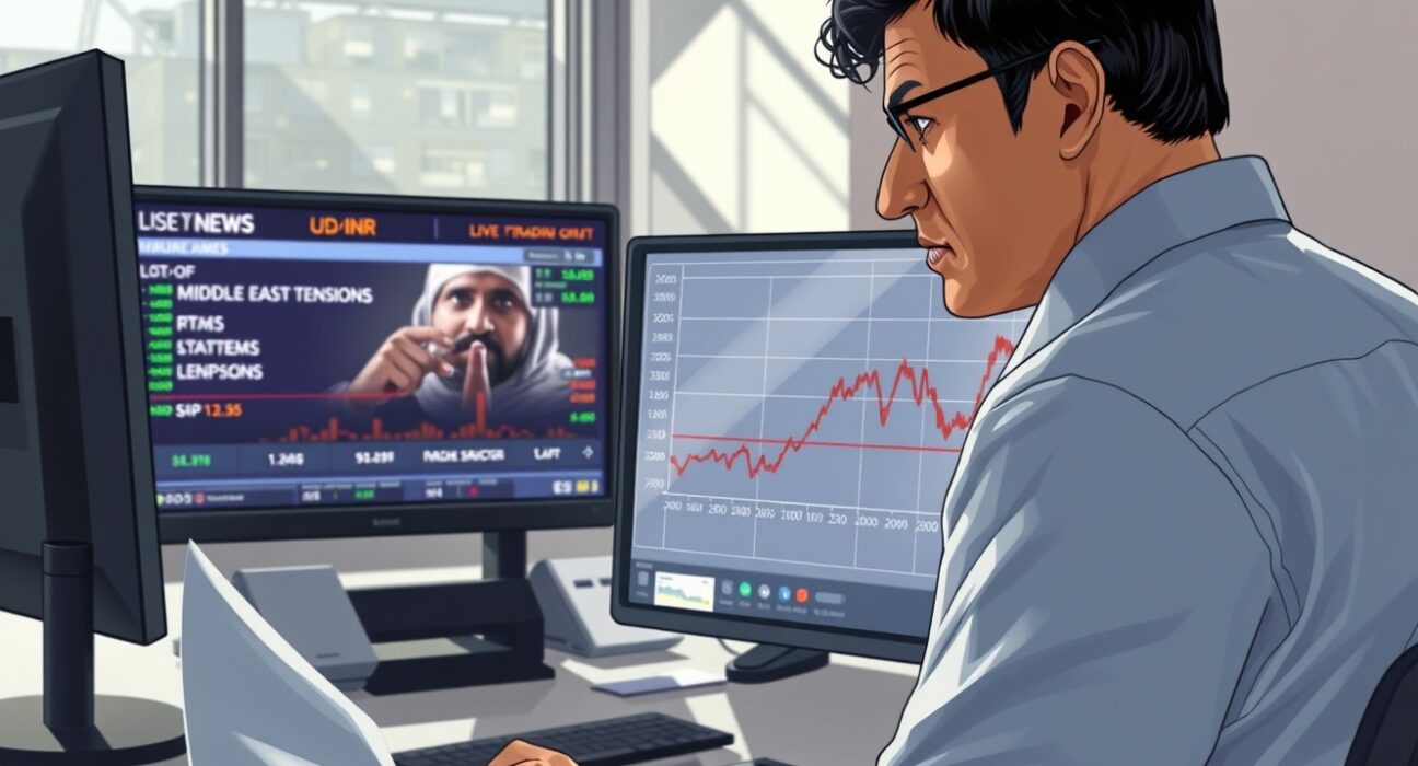 Trader in Mumbai analyzes USD/INR chart rising due to Middle East geopolitical risks impacting the Indian Rupee.