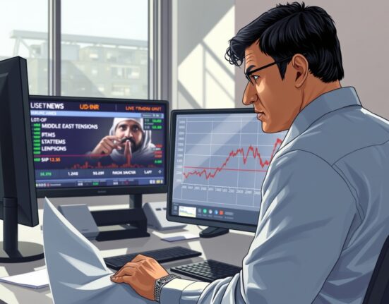 Trader in Mumbai analyzes USD/INR chart rising due to Middle East geopolitical risks impacting the Indian Rupee.