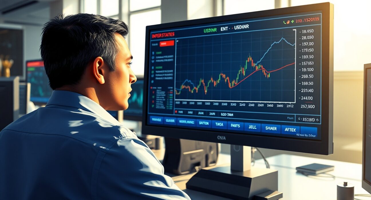 Trader monitoring rising USD/INR exchange rate ahead of US-Iran negotiations impacting currency markets.