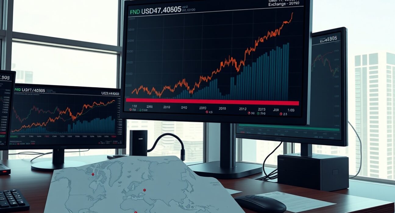 Forex trading desk showing USD/INR exchange rate chart during US-Iran diplomatic talks