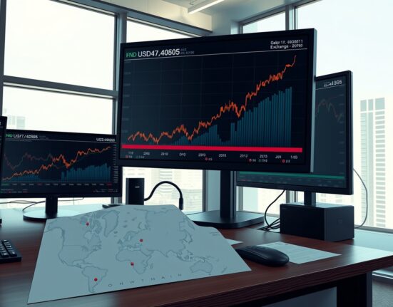 Forex trading desk showing USD/INR exchange rate chart during US-Iran diplomatic talks