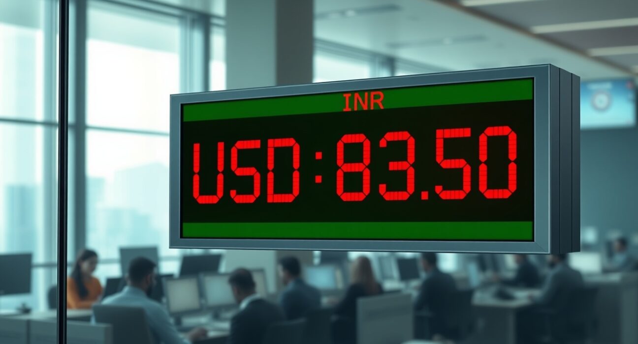 USD/INR currency exchange board showing rupee weakness against dollar amid multiple headwinds