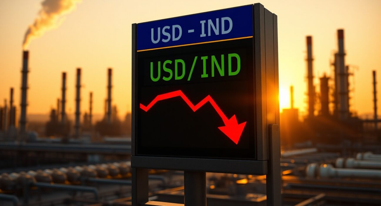 USD/INR exchange rate board showing decline amid rising crude oil prices and market uncertainty.