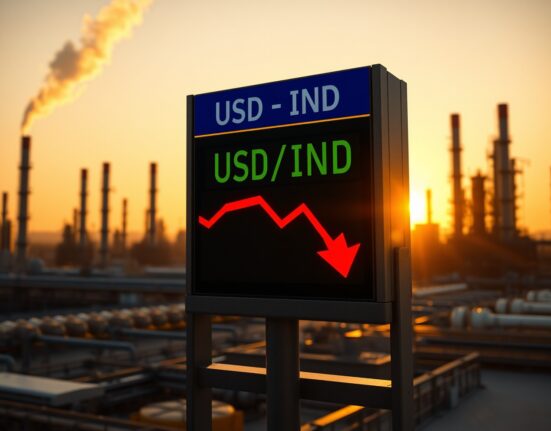 USD/INR exchange rate board showing decline amid rising crude oil prices and market uncertainty.