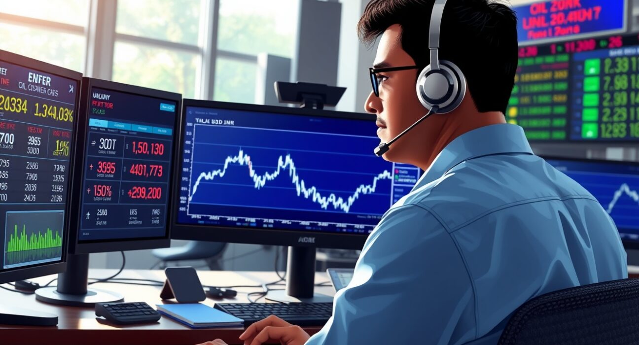Trader monitoring USD/INR exchange rate and oil price movements on financial trading desk