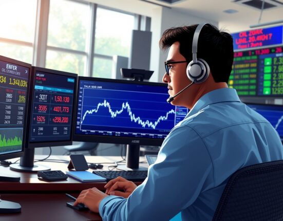 Trader monitoring USD/INR exchange rate and oil price movements on financial trading desk