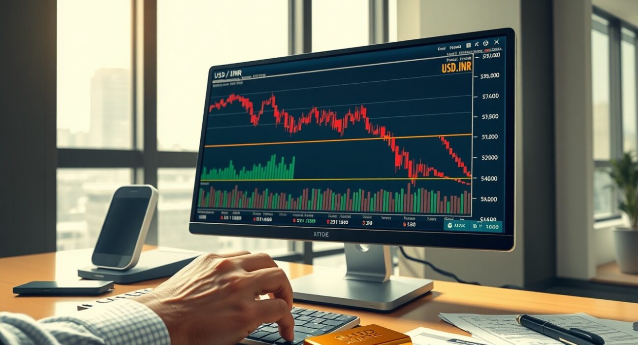 Forex trader analyzing the falling USD/INR exchange rate following gold import news in India.