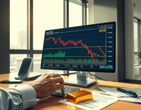 Forex trader analyzing the falling USD/INR exchange rate following gold import news in India.