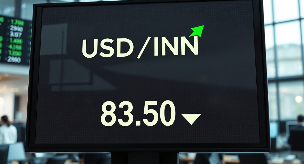 Digital forex trading screen showing USD/INR exchange rate with upward movement