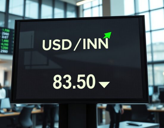 Digital forex trading screen showing USD/INR exchange rate with upward movement