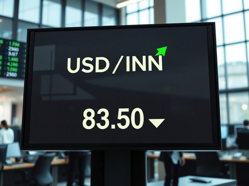 Digital forex trading screen showing USD/INR exchange rate with upward movement