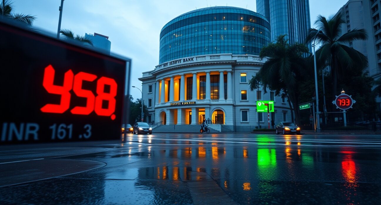 Reserve Bank of India headquarters with USD/INR exchange rate display reflecting economic policy decisions