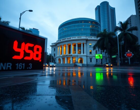 Reserve Bank of India headquarters with USD/INR exchange rate display reflecting economic policy decisions