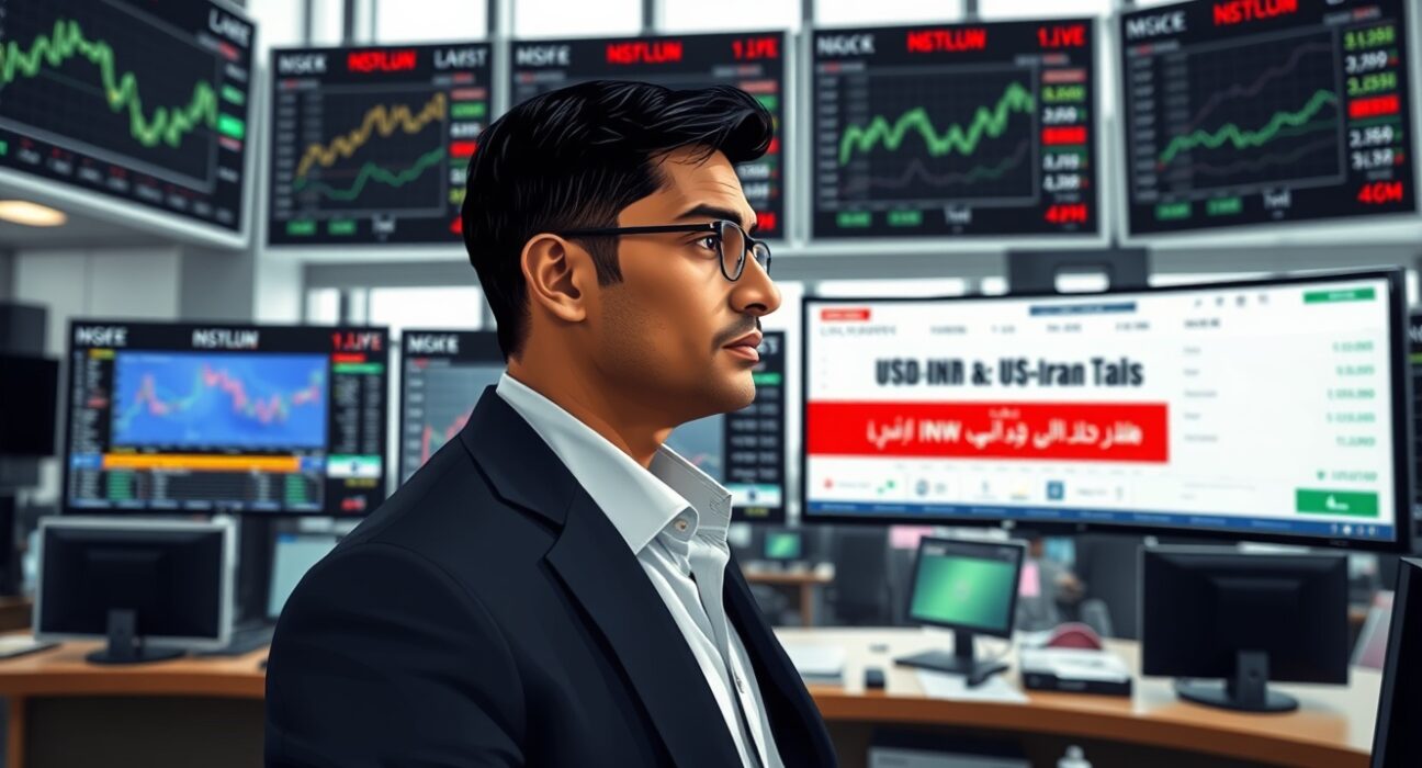 Financial trader analyzing USD/INR exchange rate during US-Iran diplomatic talks in Pakistan
