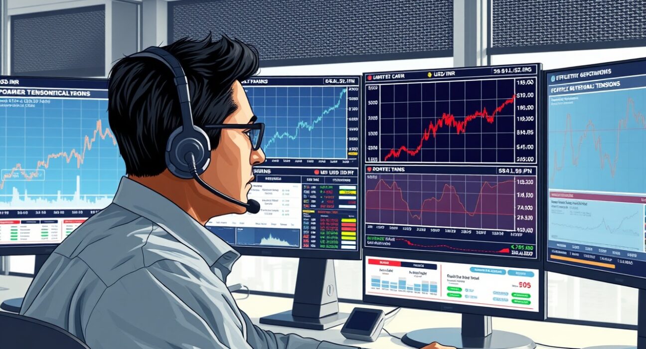 Trader analyzing USD/INR exchange rate surge amid FII selling and Iran conflict pressures